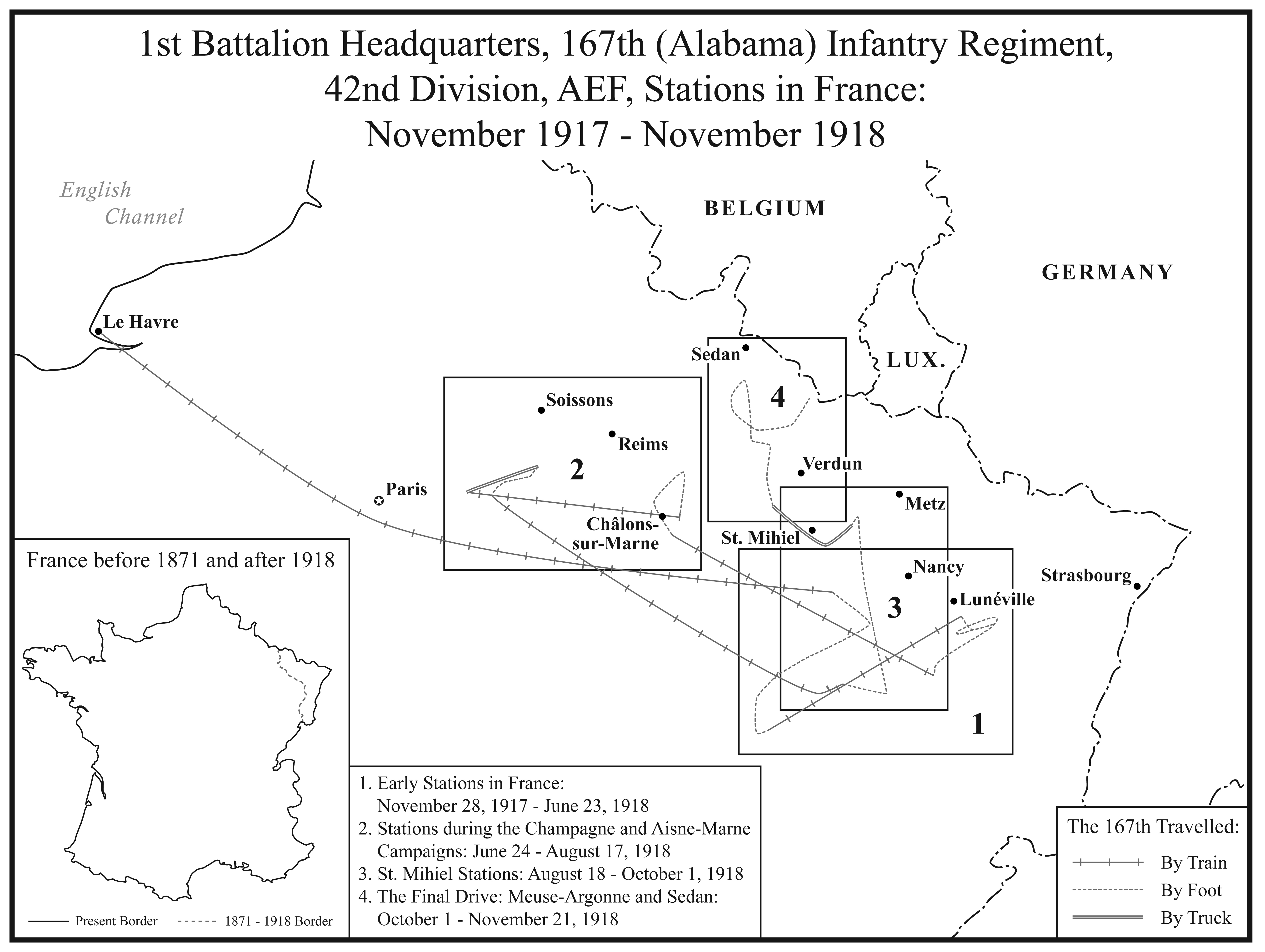 I. 1st Battalion Headquarters, 167th Alabama Regiment Stations in France.